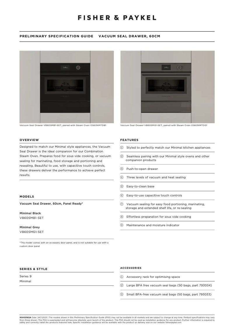 Page 1 de la notice Fiche technique Fisher & Paykel VB60SMG1-SET