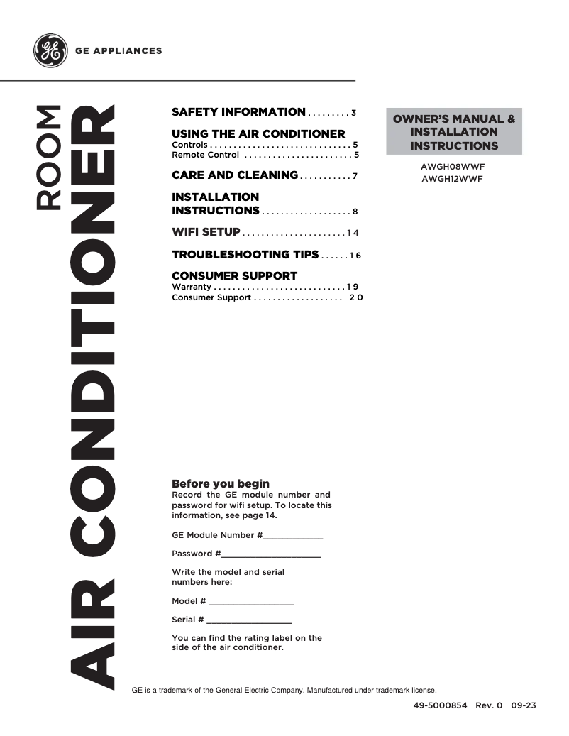 Page 1 de la notice Guide d'installation GE AWGH08WWF