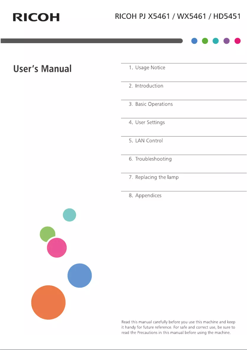 Page 1 de la notice Manuel utilisateur Ricoh PJ X5461