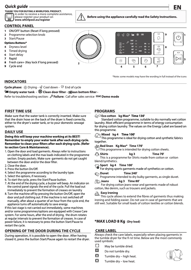 Page n°1 - Manuel utilisateur Whirlpool FT CM10 8B