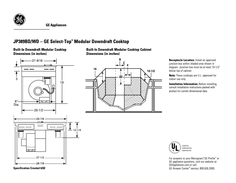 Page 1 of the manual Technical Sheet GE Select-Top JP389WDWW