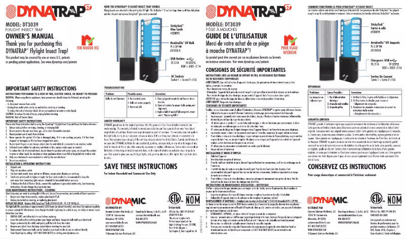 Page n°1 - Manuel utilisateur Dynatrap DT3039-1003S