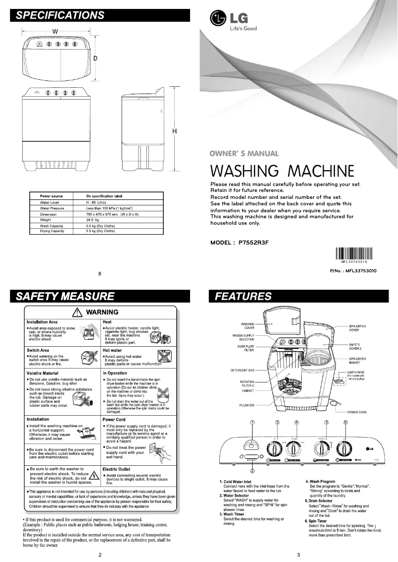 Page 1 de la notice Manuel utilisateur LG P7552R3F