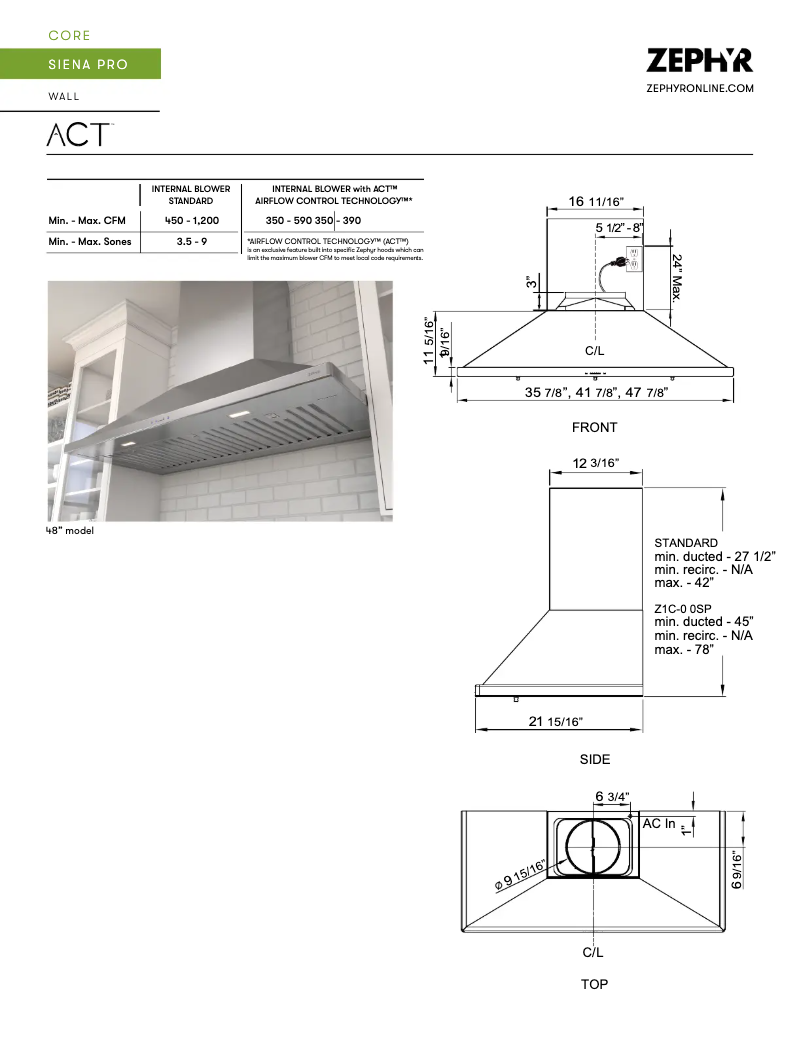 Página 1 del manual Ficha técnica Zephyr Siena Pro ZSP-E48CS