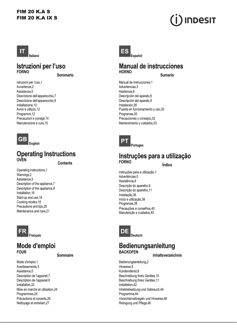 Page 1 de la notice Manuel utilisateur Indesit FIM 20 K.A IX S