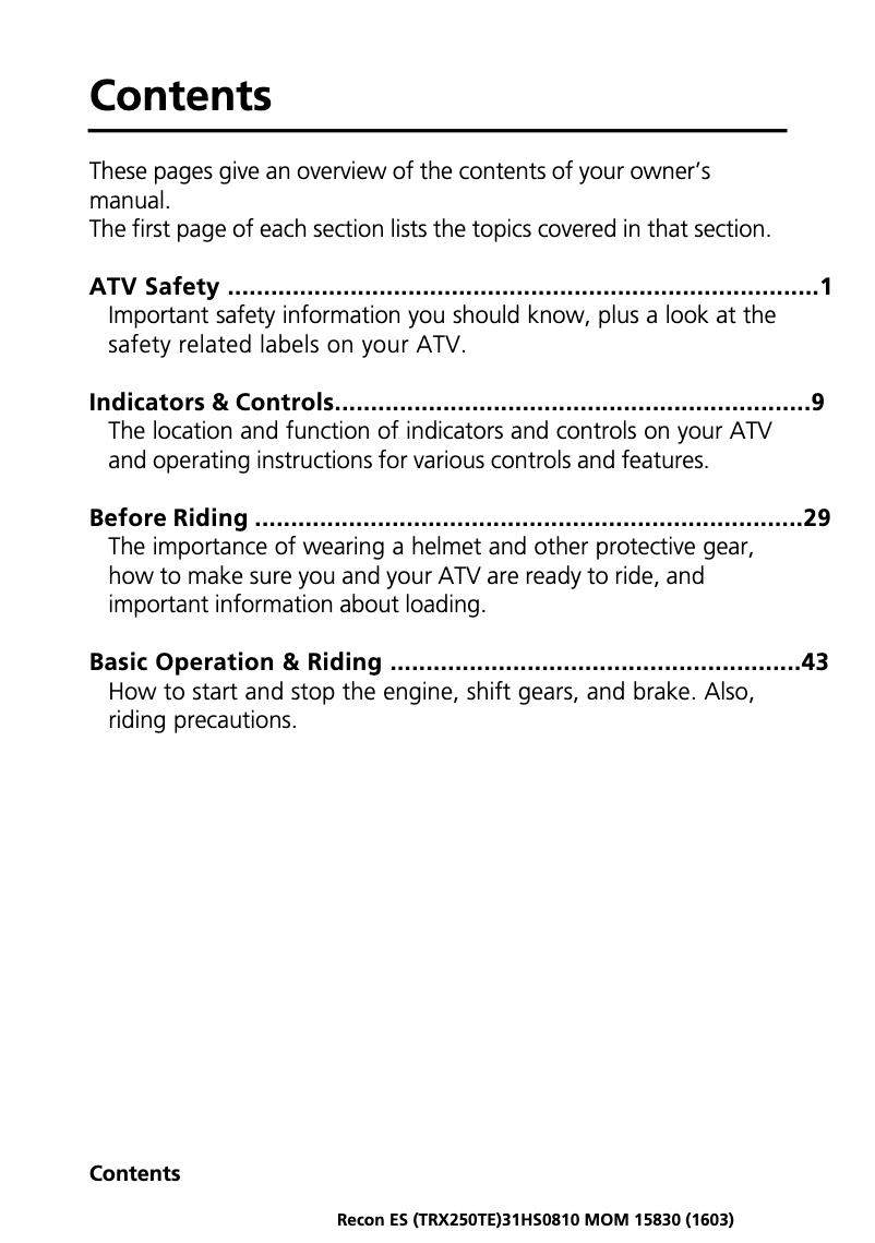 Page 1 de la notice Manuel utilisateur Honda Recon Fourtrax (2017)
