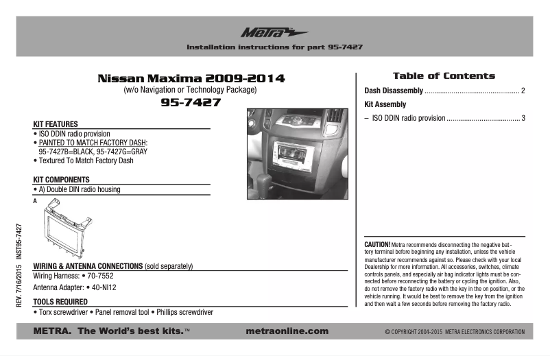 Page n°1 - Manuel utilisateur Metra 95-7427G