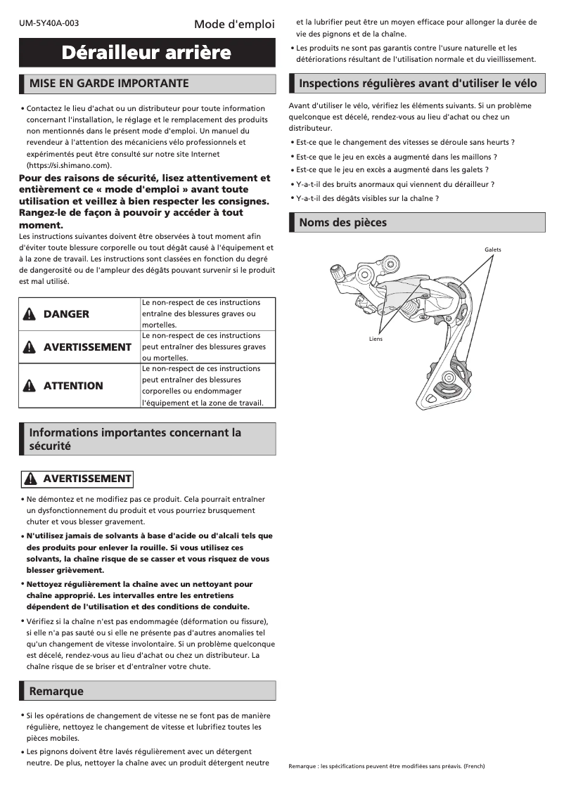 Page 1 de la notice Manuel utilisateur Shimano RD-9000-SS