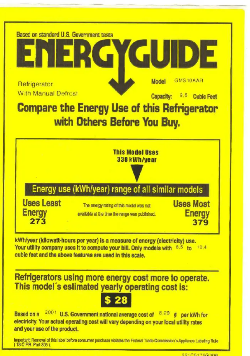Page 1 de la notice Label énergétique GE GMS10AARRWW