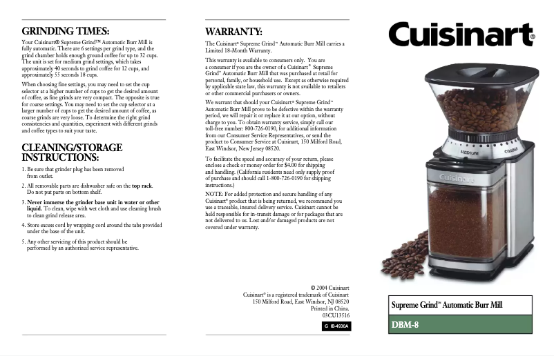 Page 1 de la notice Manuel utilisateur Cuisinart Supreme Grind Automatic Burr Mill DBM-8