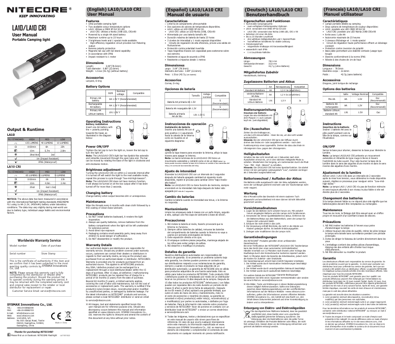 Page 1 de la notice Manuel utilisateur Nitecore LA10 CRI