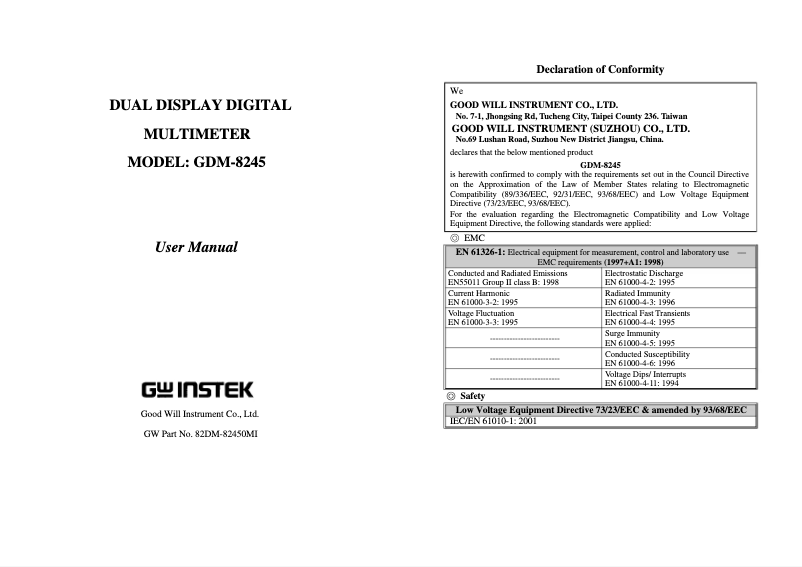 Page n°1 - Manuel utilisateur GW Instek GDM-8245