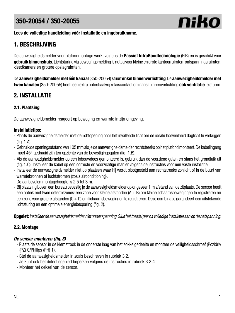 Page 1 de la notice Manuel utilisateur Niko 350-20055