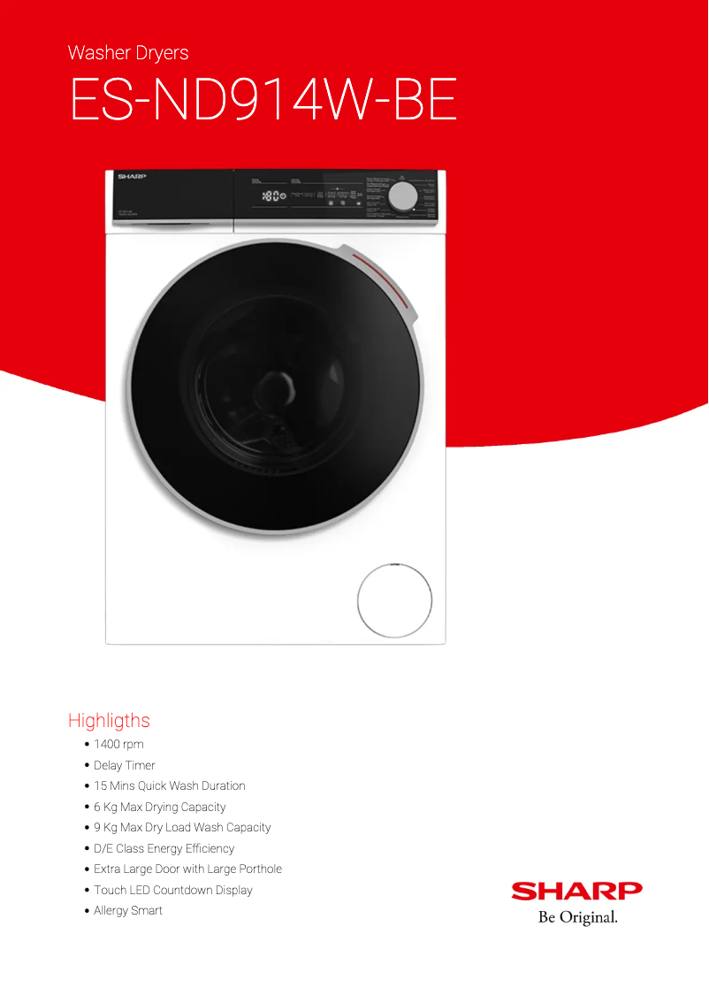 Page 1 de la notice Fiche technique Sharp ES-ND914W-BE
