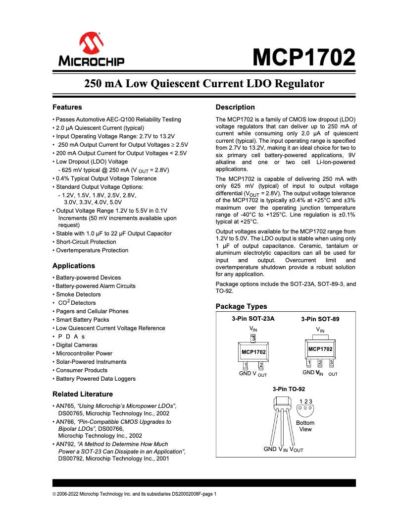 Page 1 de la notice Fiche technique Microchip MCP1702