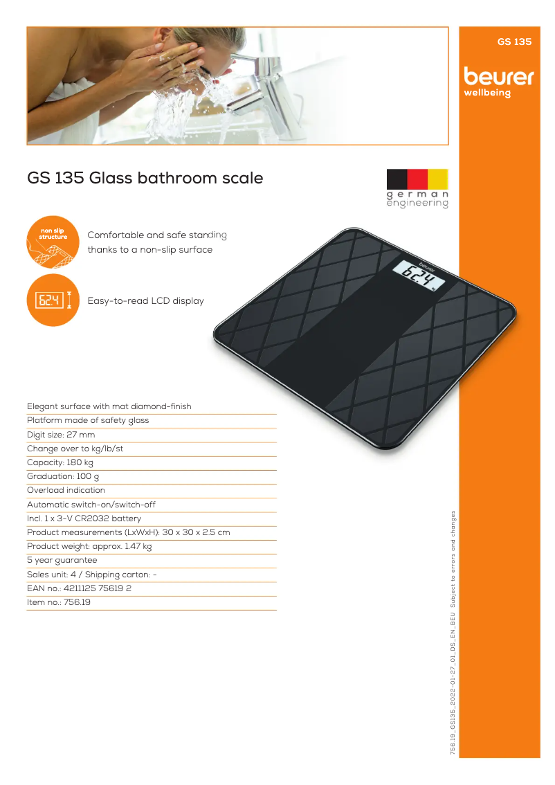 Page 1 de la notice Fiche technique Beurer GS 135