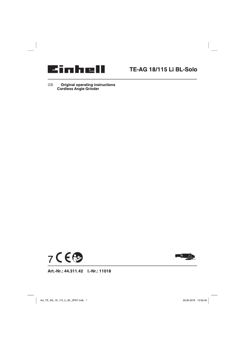 Page 1 de la notice Manuel utilisateur Einhell TE-AG 18/115 Li BL-Solo
