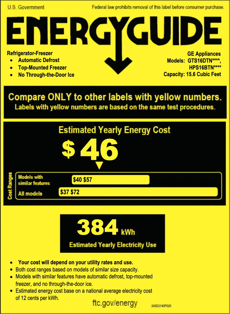 Page n°1 - Label énergétique GE GTS16DTNRWW