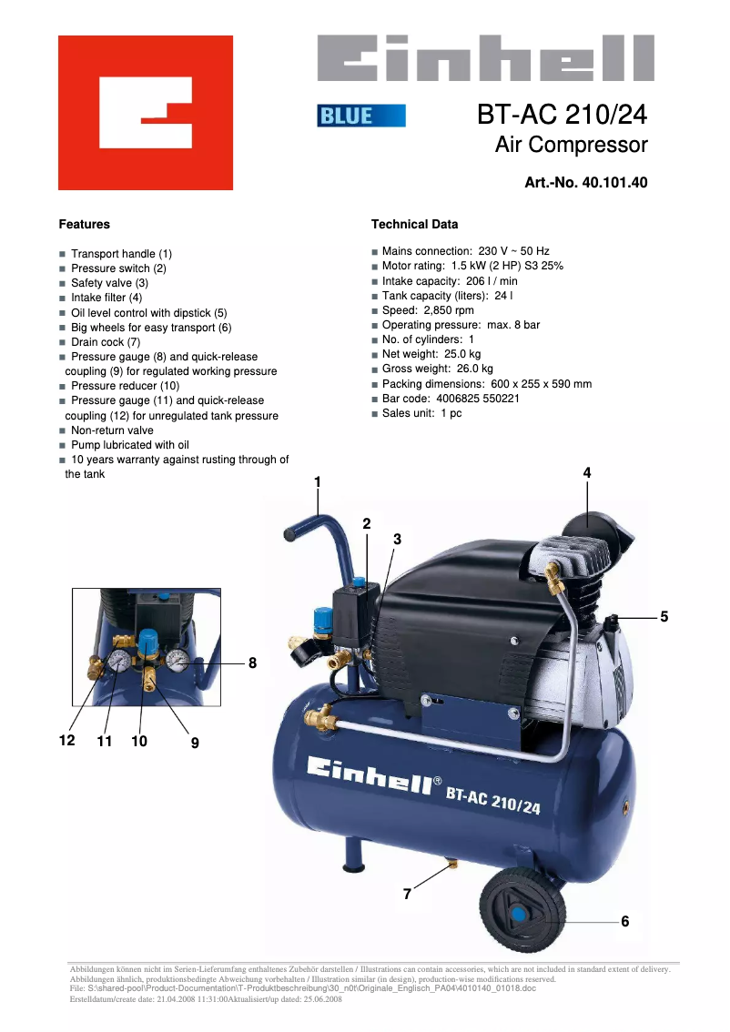Page 1 de la notice Fiche technique Einhell BT-AC 230/24
