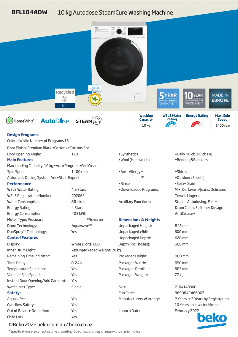 Page 1 de la notice Fiche technique Beko BFL104ADW