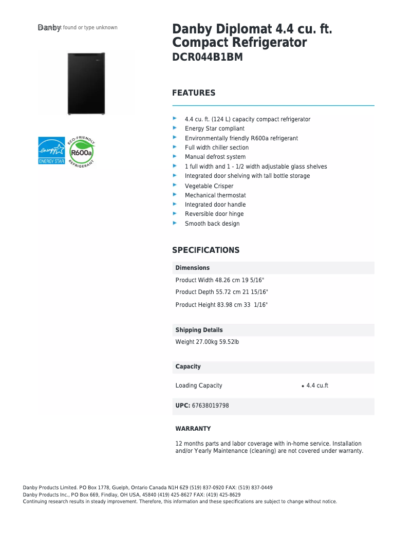 Page 1 de la notice Fiche technique Danby DCR044B1BM