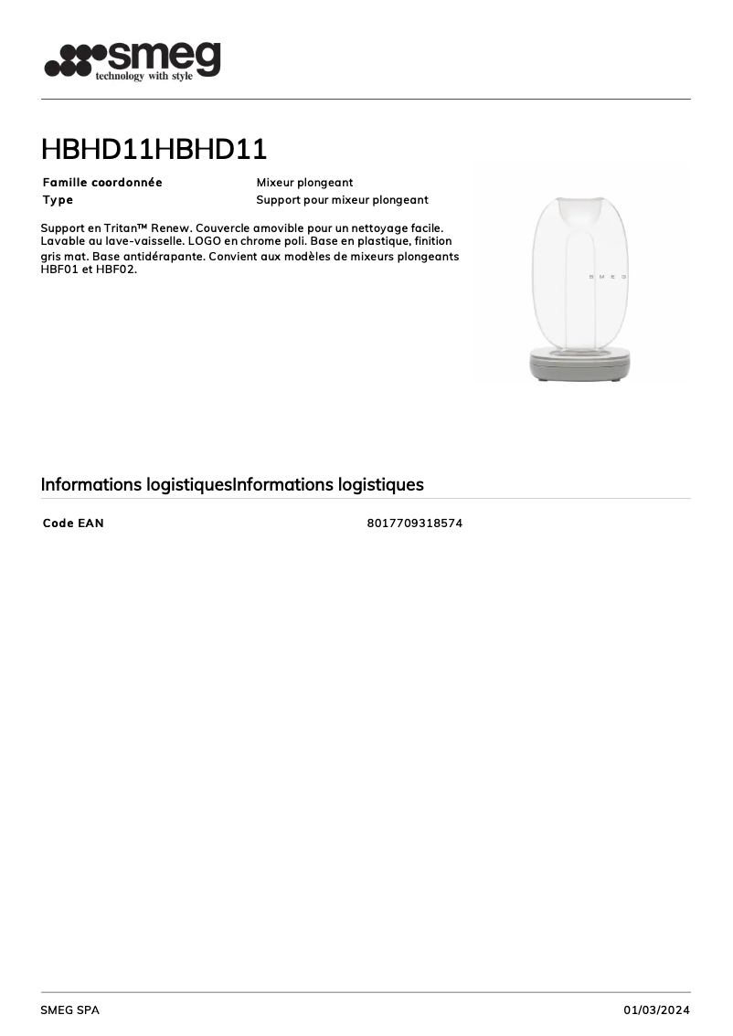 Page 1 de la notice Fiche technique Smeg HBHD11