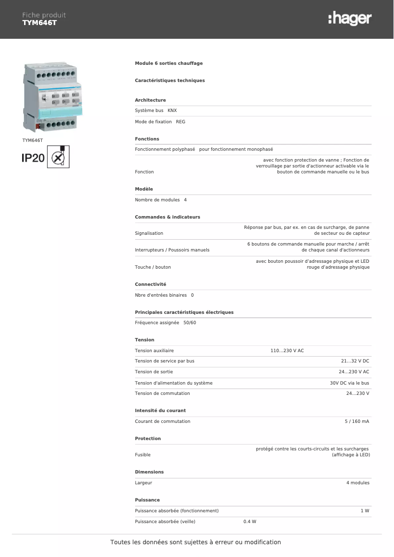 Page n°1 - Fiche technique Hager TYM646T