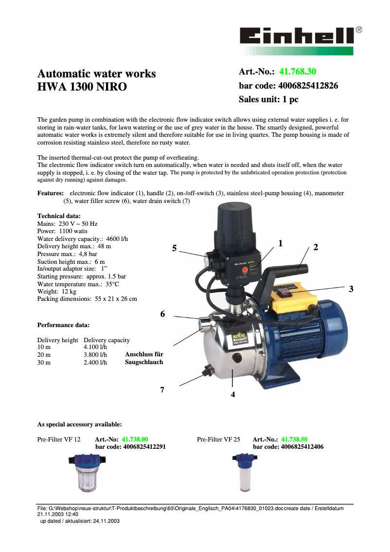 Page n°1 - Fiche technique Einhell Royal HWA 1300 Niro