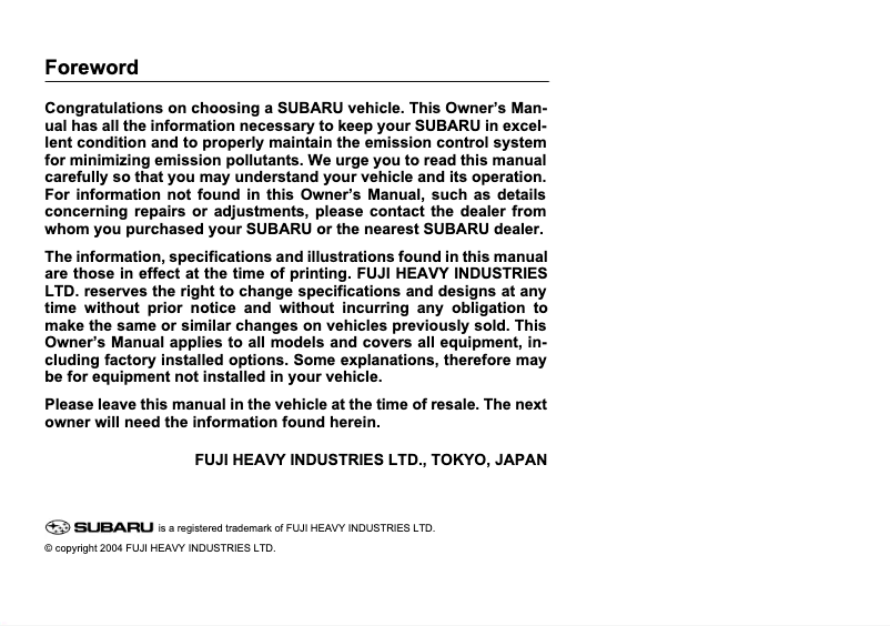 Page n°1 - Manuel utilisateur Subaru Impreza WRX (2005)