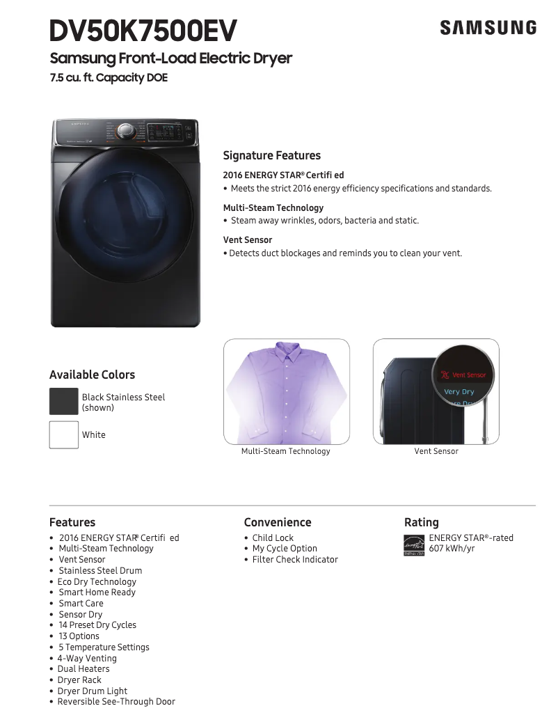 Page 1 de la notice Fiche technique Samsung DV50K7500E