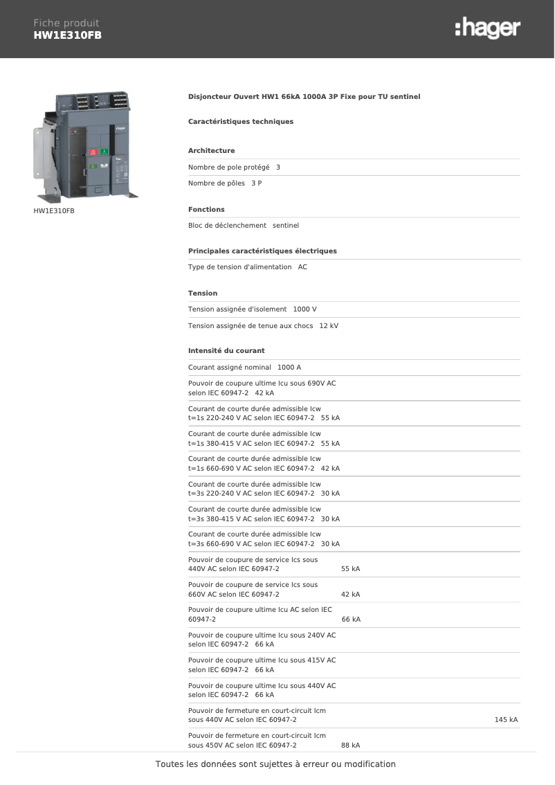Image de la première page du manuel de l'appareil HW1E310FB