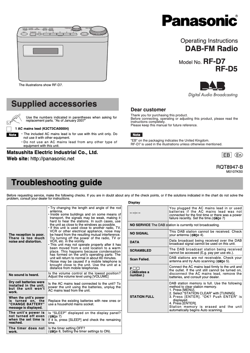 Page 1 de la notice Manuel utilisateur Panasonic RF-D5