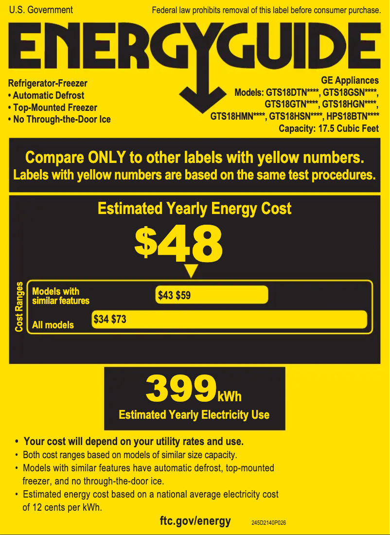 Page 1 de la notice Label énergétique GE GTS18DTNRBB