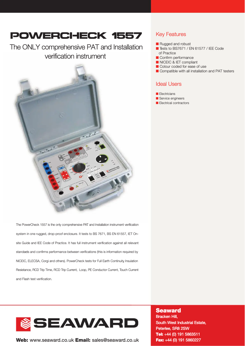 Page 1 de la notice Fiche technique Seaward PowerCheck 1557