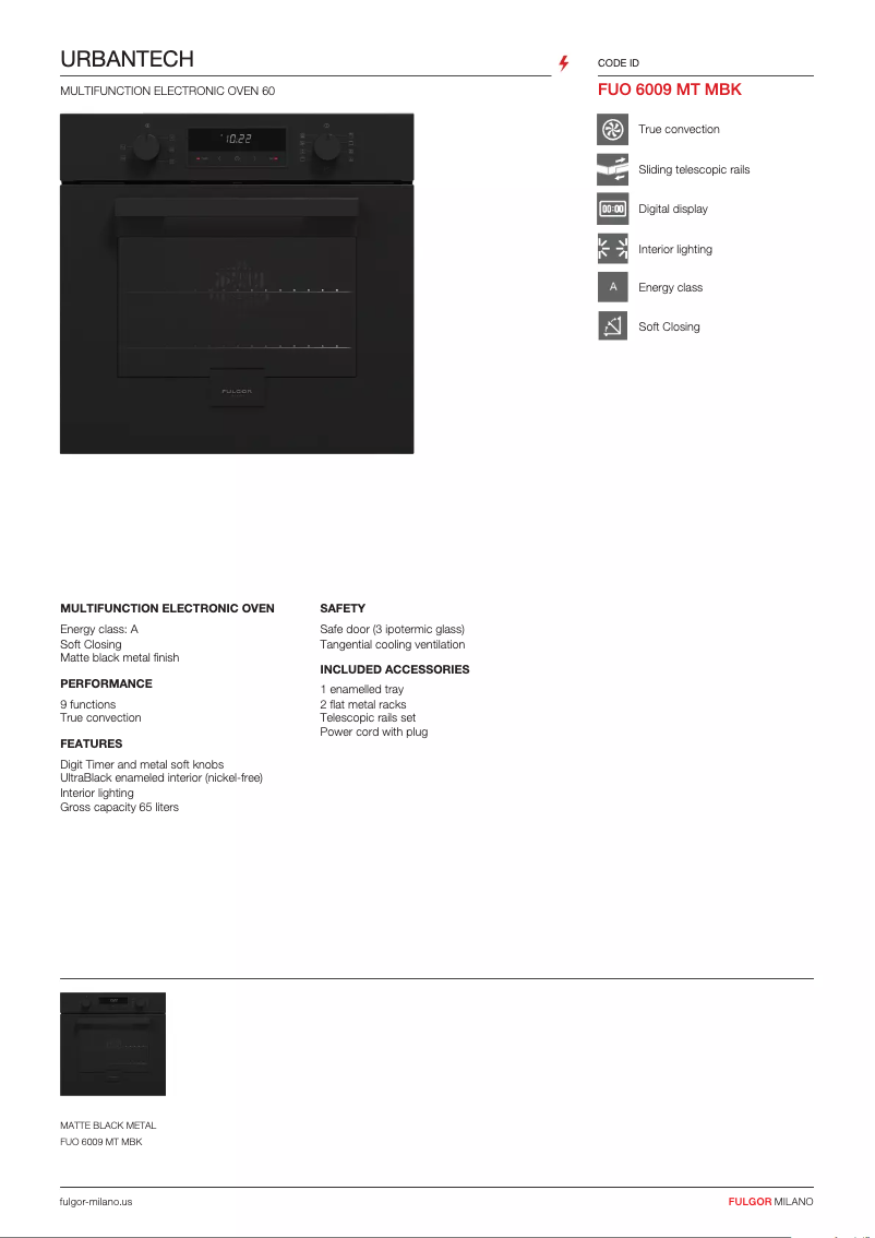 Page 1 of the manual Technical Sheet Fulgor Milano FUO 6009 MT MBK