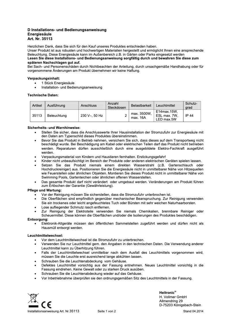 Page 1 de la notice Manuel utilisateur Heitronic 35113