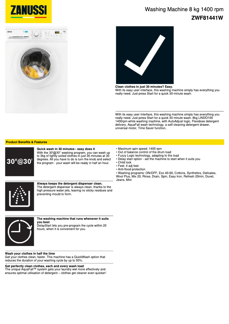 Page 1 de la notice Fiche technique Zanussi ZWF81441W