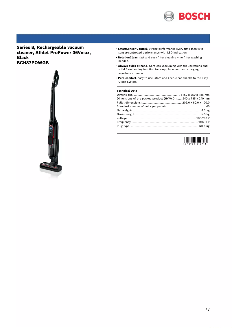 Page n°1 - Fiche technique Bosch BCH87POWGB
