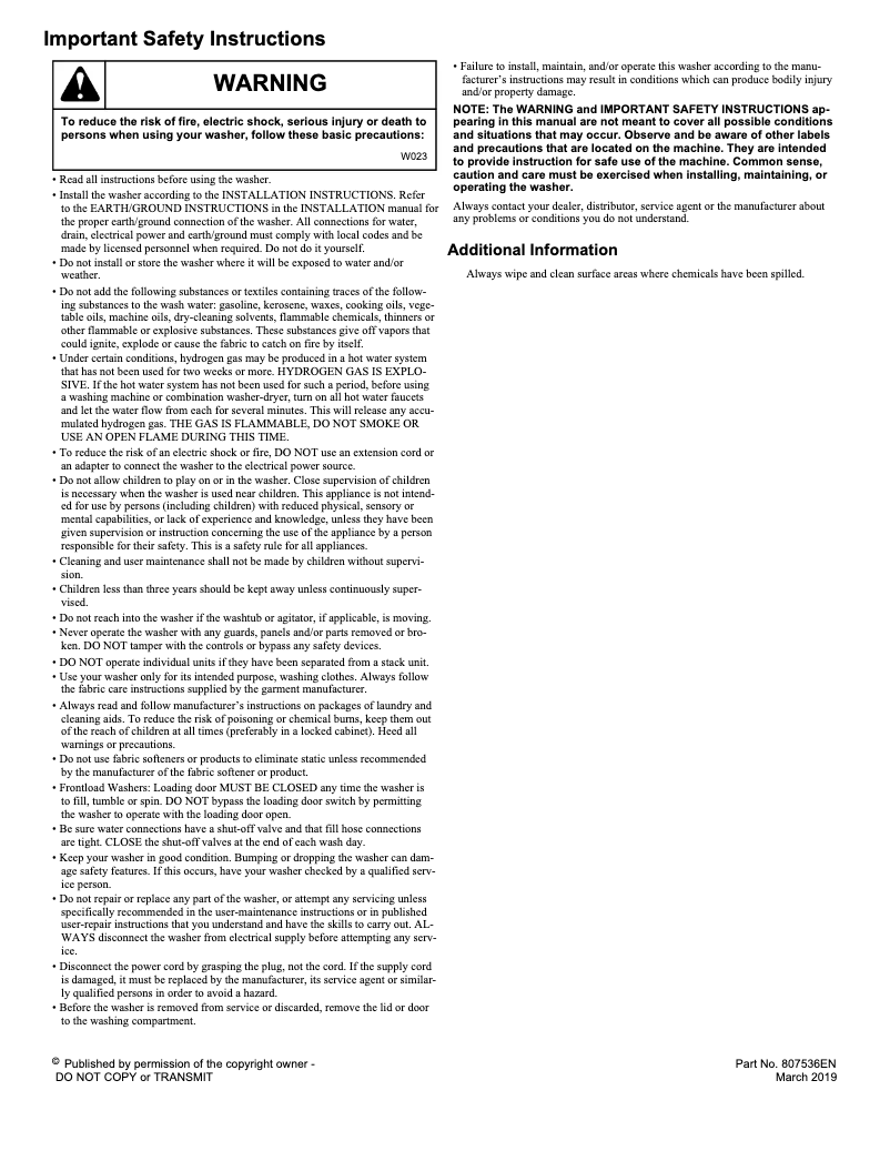 Page n°1 - Instructions de sécurité Speed Queen SF7003WE