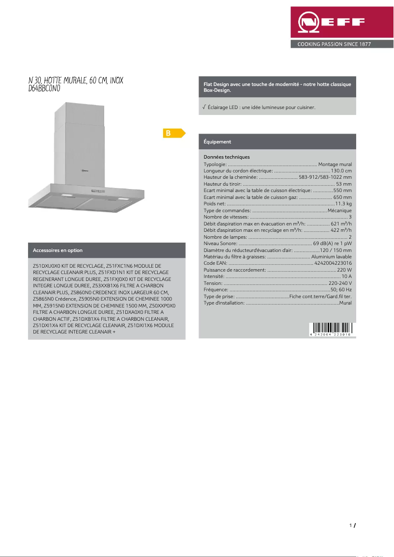 Page 1 de la notice Fiche technique Neff D64BBC0N0