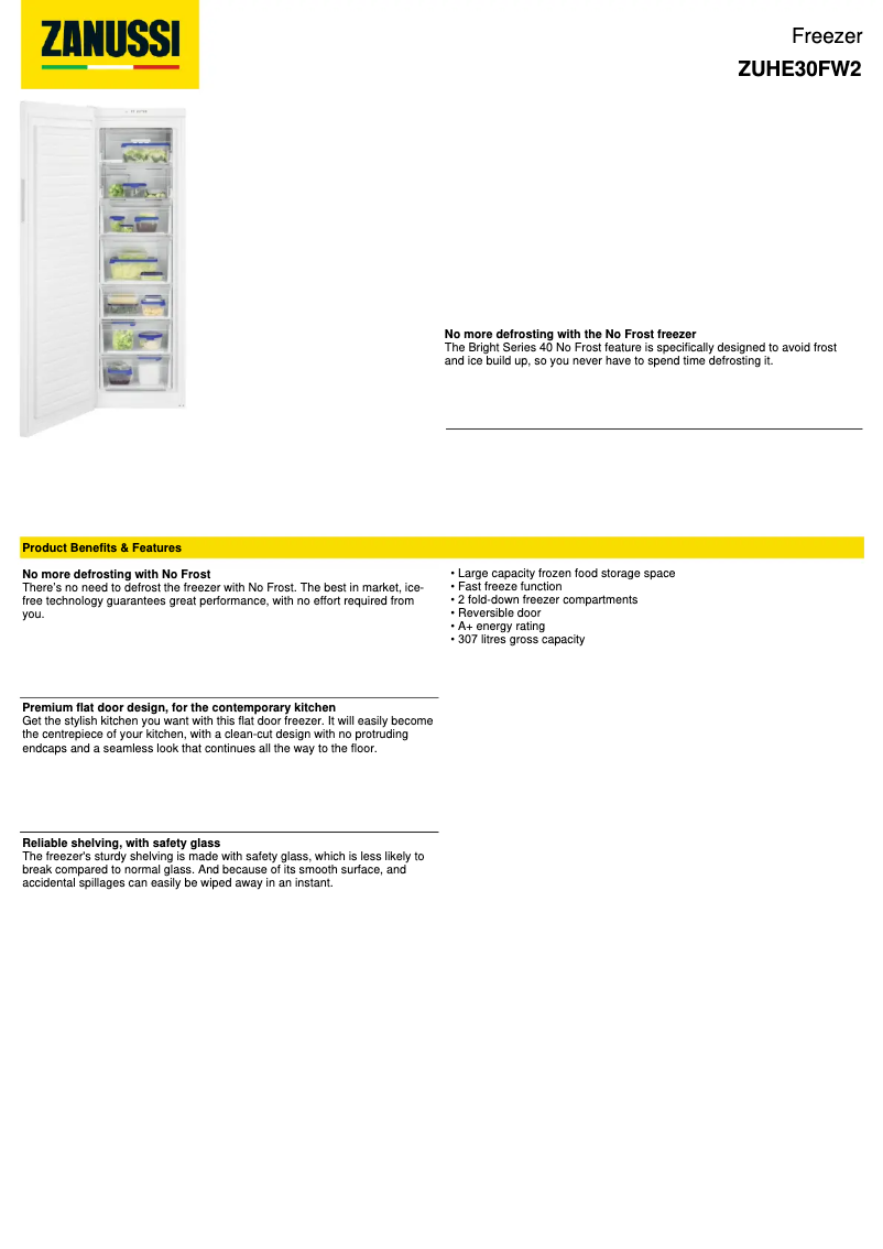 Page 1 de la notice Fiche technique Zanussi ZUHE30FW2