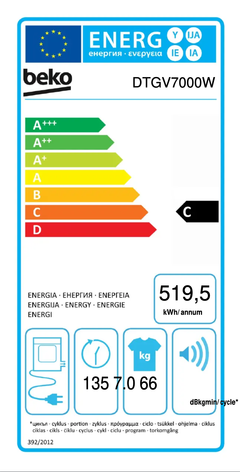 Page n°1 - Label énergétique Beko DTGV7000