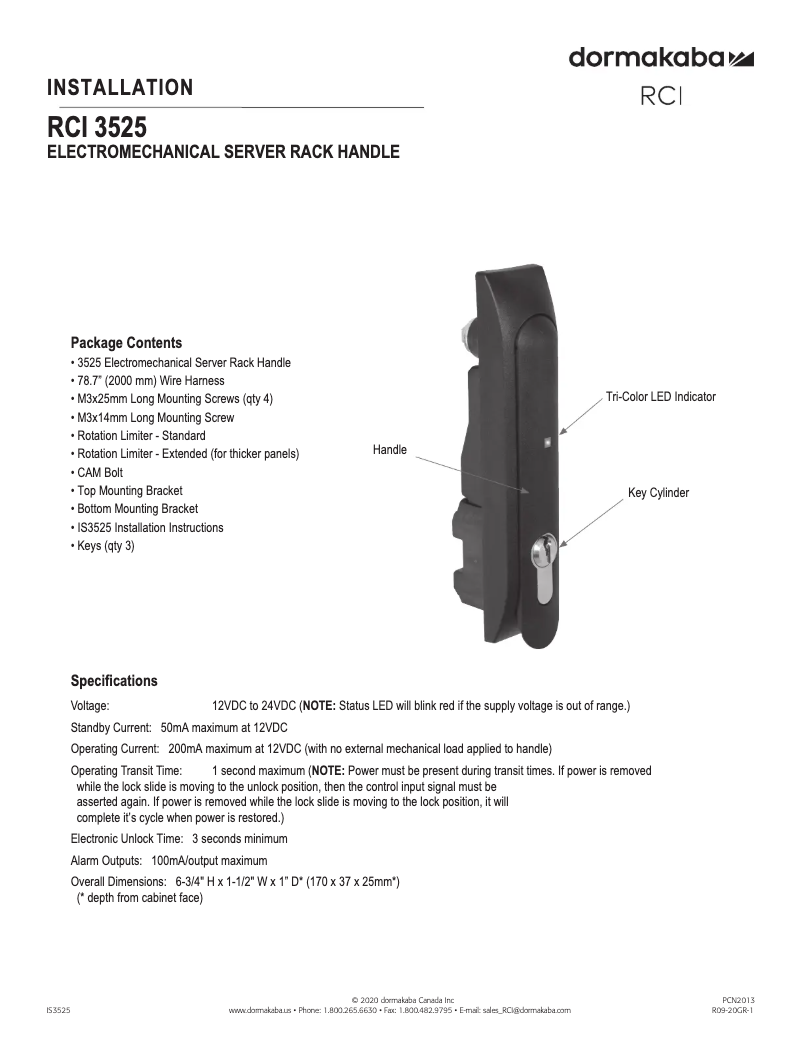 Page 1 de la notice Manuel utilisateur Dormakaba RCI 3525