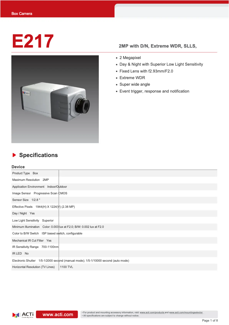 Page n°1 - Fiche technique ACTi E217