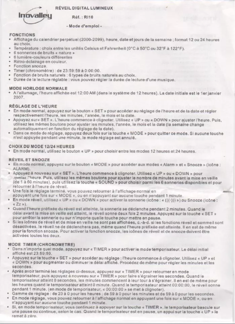 Page 1 de la notice Manuel utilisateur Inovalley Rl10