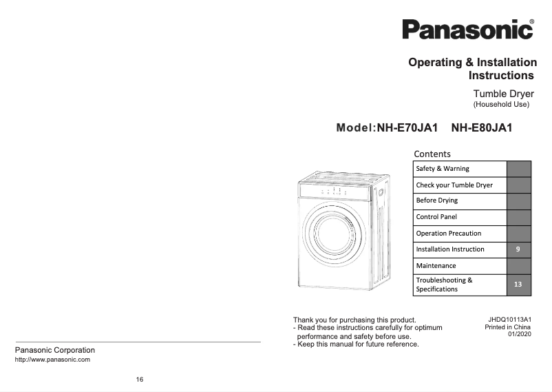 Page 1 de la notice Manuel utilisateur Panasonic NH-E70JA1