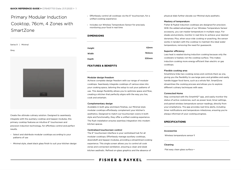 Page 1 de la notice Fiche technique Fisher & Paykel CI764DTTB1