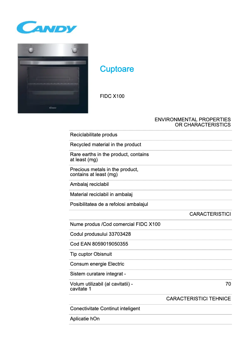 Page 1 de la notice Fiche technique Candy FIDC X100