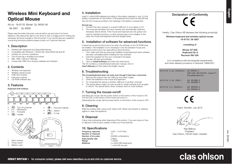 Page n°1 - Manuel utilisateur A4Tech G7-630