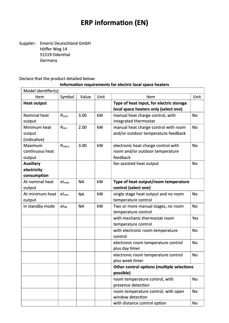 Page 1 de la notice Fiche technique Emerio FH-110705